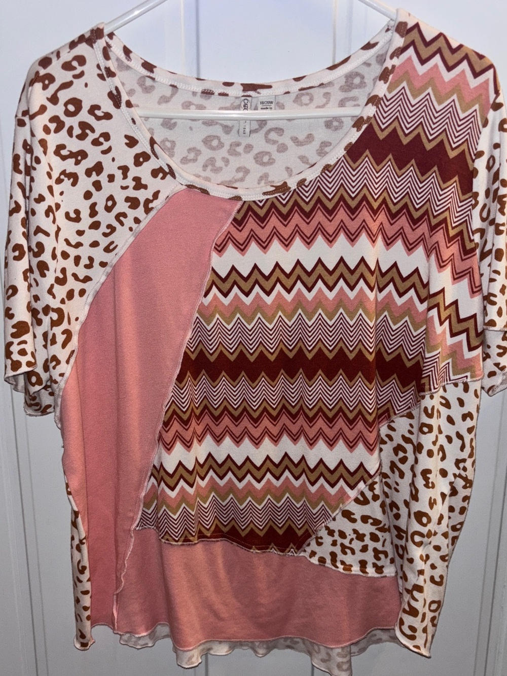 Cato Patchwork Zigzag & Leopard Print Short Sleeve Top - Pink & Brown